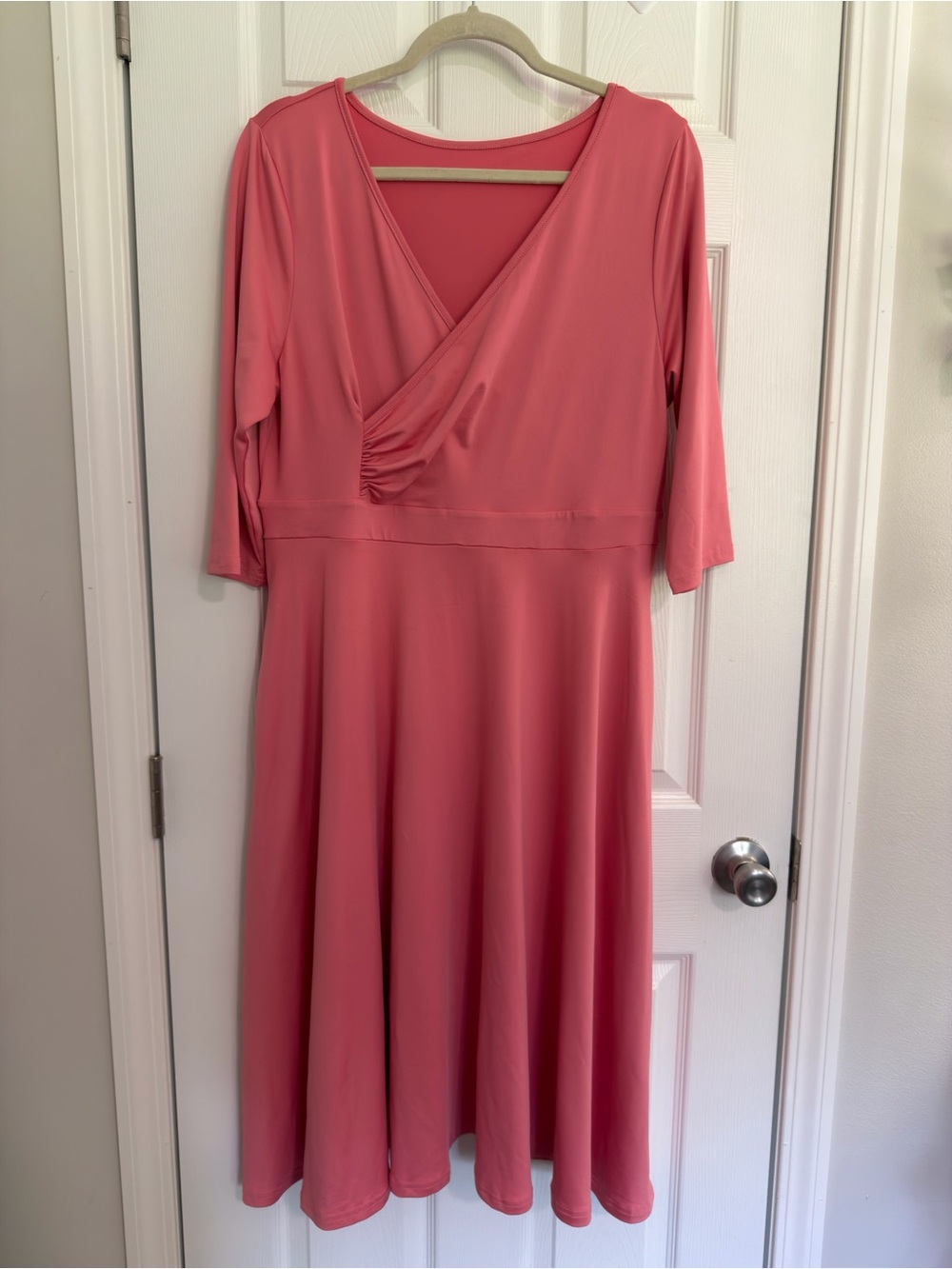 Women's Coral Pink Casual Minimalist V-Neck Fit & Flare Dress XL